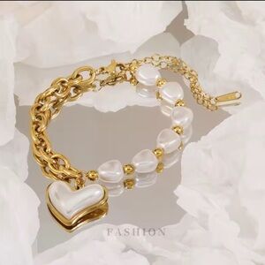 Anthropologie Gold and Cream Heart Bracelet